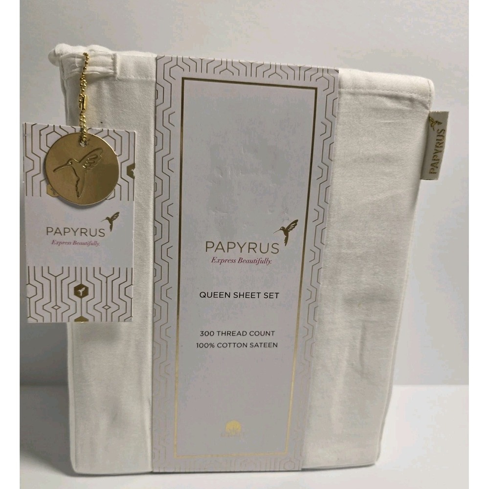 PAPYRUS   300 Thread Count 100%  Cotton Sateen Queen 4 Piece White Sheet Set‎